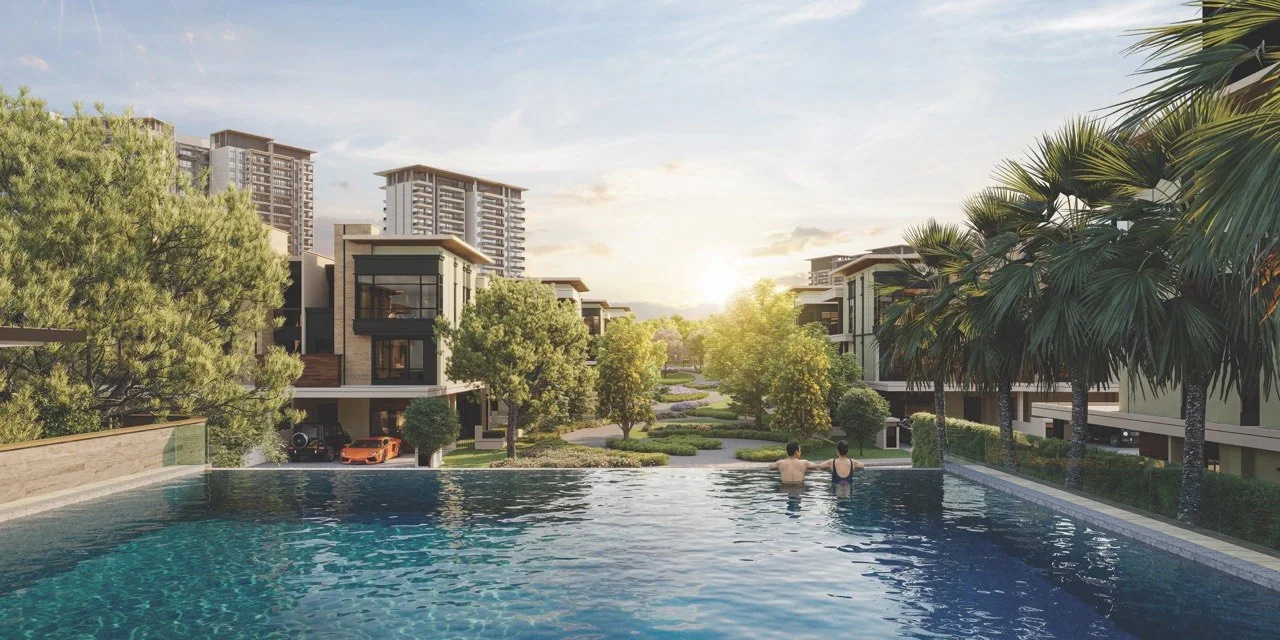 Swimming pool overlooking Zenia residences and landscaping, artist's impression